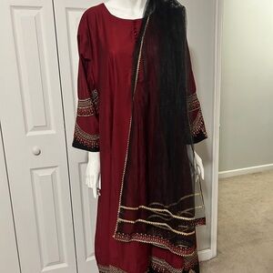 Elegant Maroon and Black Embroidered Dress Set